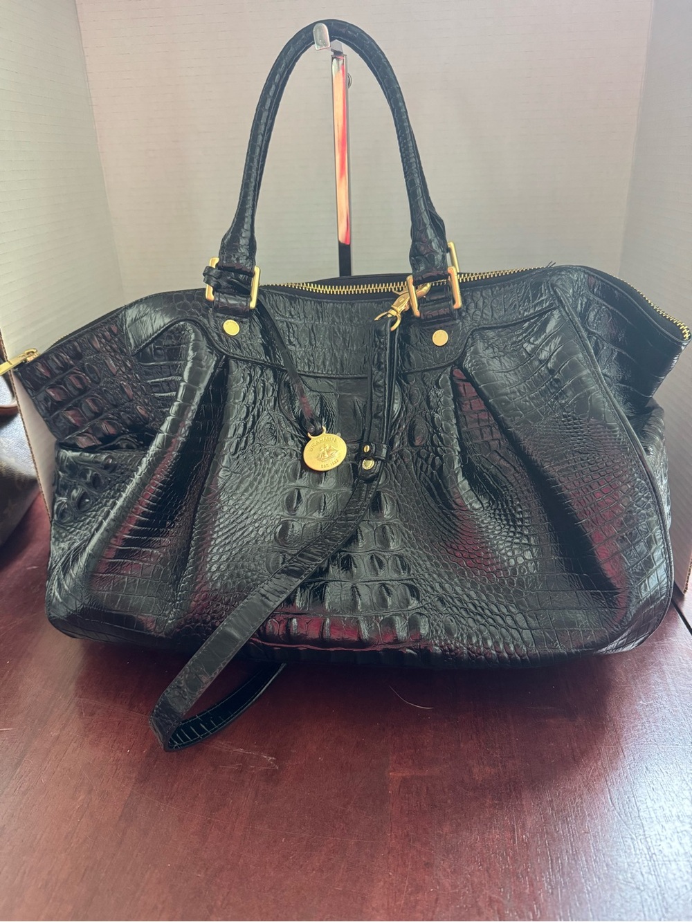Brahmin Black Croc Embossed Leather Large Tote Satchel Gold Hardware